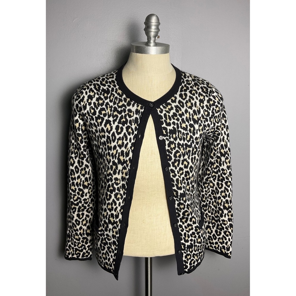 Lands End Womens Leopard Print Supima Cotton Cardigan Sweater Black Tan Medium